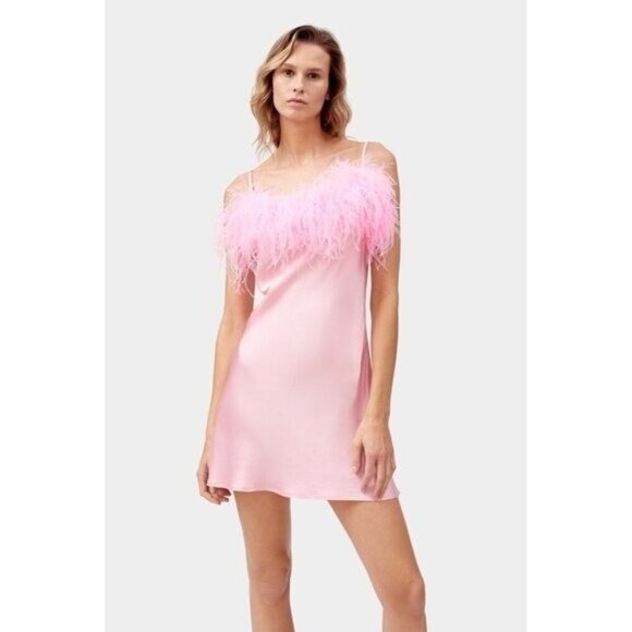 SLEEPER Womens Size Med Boheme Pink Feather-Trim Satin Slip Mini Dress NWT Flaw - Picture 2 of 16